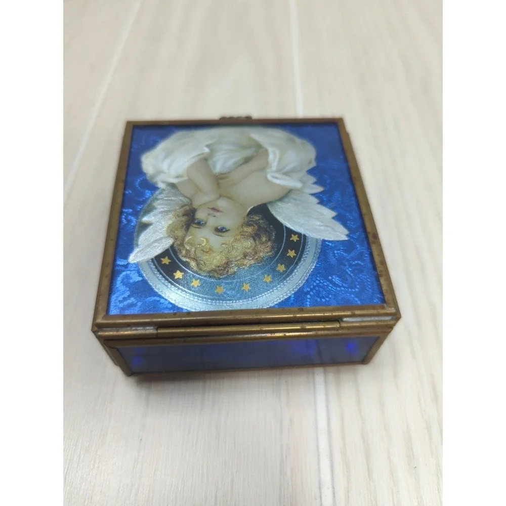 Enesco Blue Glass Brass Thomas Cathey Angel Trinket Jewelry Box Mirror Vintage